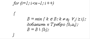 	for (i=1; i<n-1; i++)

	{
		B = min { k Î B: k ¹ aj  " j ≥ i};
		добавить к T ребро {b,ai};
		B = B  {b};
           }

