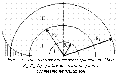 Подпись:  
Рис. 5.1. Зоны в очаге поражения при взрыве ТВС:
R1, R2, R3 - радиусы внешних границ
 соответствующих зон
